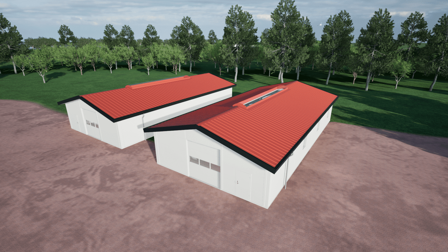 3D-visualisering af nyt byggeprojekt i Sønderjylland med stålåse, facadepaneler og tagpaneler med mineraluld, der fremhæver moderne design og høj byggekvalitet.